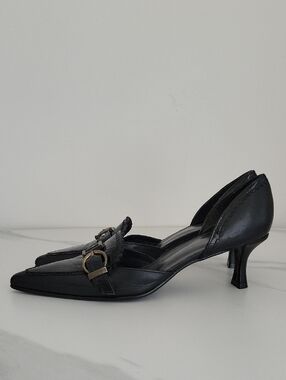 Stuart Weitzman Black Leather Pointed-Toe D'Orsay Heels with Buckle Detail